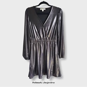 Michael Kors Lamé Crisscross Long Sleeve Dress Black/Gray Gunmetal, Medium